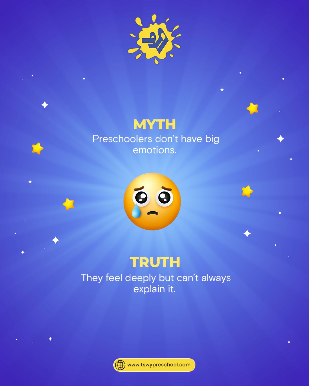 Tiny kids. Big feelings.
It’s a myth that preschoolers don’t experience strong emotions.
They do — they just don’t always have the words to say how they feel.
Let’s listen, guide, and help them grow emotionally.
Because every meltdown is a message.
#PreschoolMyths #TSWYPreschool #BigFeelingsSmallKids #EmotionalGrowth #TrustLearnCare