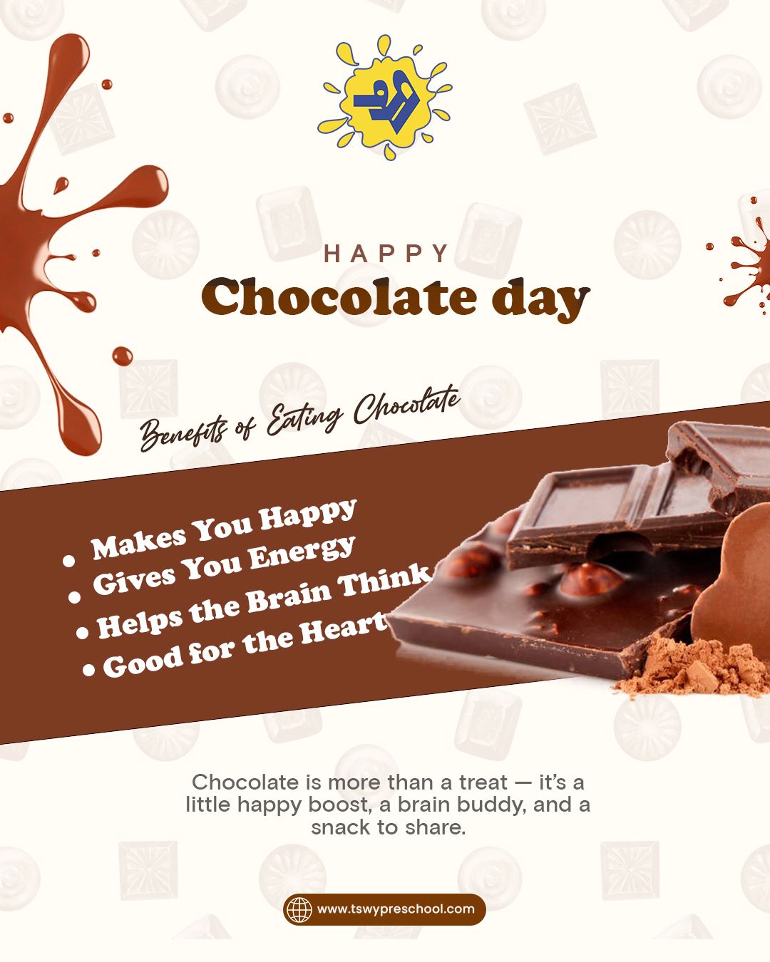 🍫 Sweet smiles and chocolaty delight! Celebrating World Chocolate Day with our little choco-lovers who make every day extra special. Here’s to joy, giggles, and lots of chocolatey fun! 🤎✨
#WorldChocolateDay #ChocolateLovers #ChocoFun #SweetTreats #PreschoolLife #KidsActivities #tswypreschool