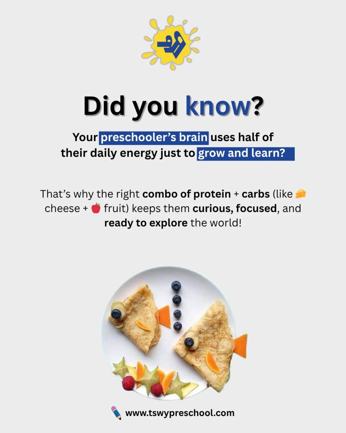💡 Did you know? Your preschooler’s brain uses half of their daily energy just to grow and learn! 🧠✨
That’s why the right mix of protein + carbs (think cheese 🧀 + fruits 🍎) fuels their curiosity, focus, and exploration. 🌍💫
Healthy food, happy learning! 💛
#PreschoolLife #BrainFood #HealthyKids #TSWYPreschool
