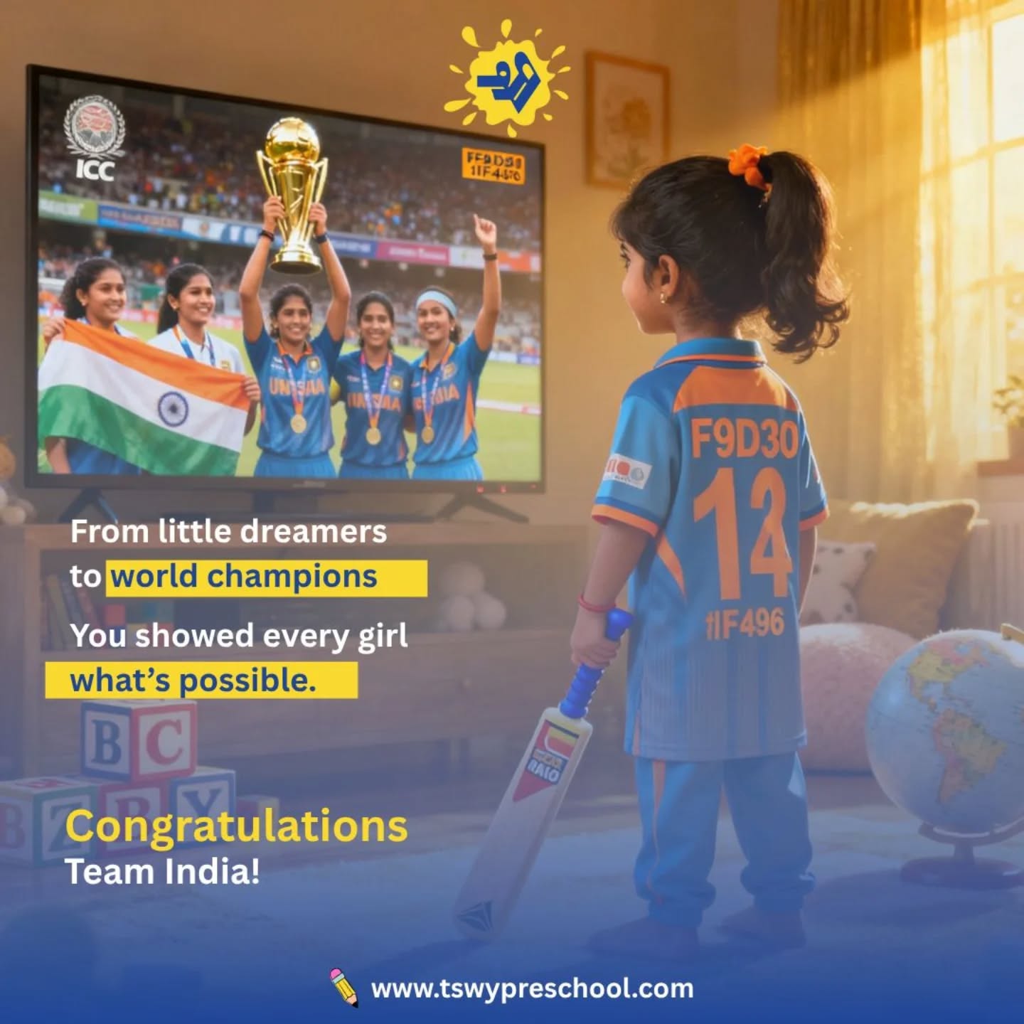 🏏✨ From little dreamers to world champions — you’ve inspired a generation!
Every little girl now knows that dreams have no boundaries and courage has no limits. 💙💛
Congratulations, Team India, for showing what’s truly possible! 🇮🇳
#TeamIndia #WomenInBlue #WorldChampions #CricketFever #GirlPower #SheBelievedSheCould #IndiaWins #WomenCricket #PreschoolInspiration #TSWYPreschool #LittleDreamersBigDreams #ProudMoment