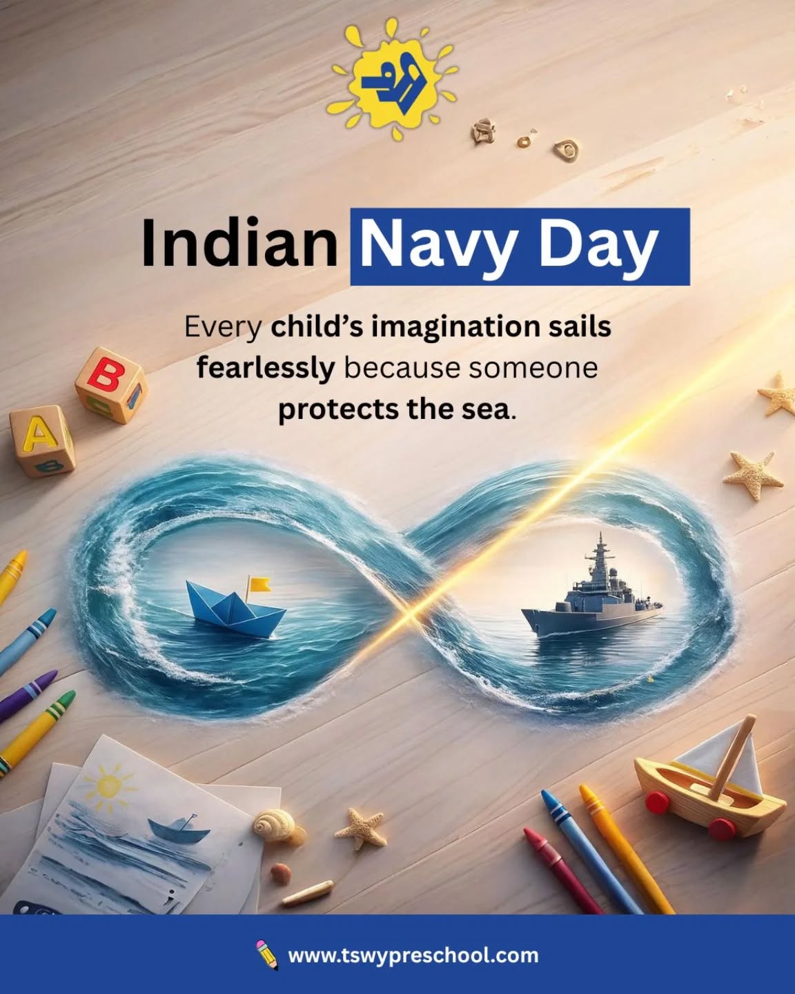 🌊🇮🇳 Happy Indian Navy Day!At TSWY Preschool, we believe every child’s imagination deserves to explore, discover, and dream fearlessly.
Today, we salute the brave Indian Navy who protect our oceans and safeguard our future—allowing little minds to dream big and sail confidently. 🚢💙Let’s raise children who grow with courage, gratitude, and pride for our nation. ❤️
#IndianNavyDay #IndianNavy #NavyDay #ProudOfIndianNavy #TSWYPreschool #PreschoolIndia #EarlyEducation #ChildDevelopment #LearningThroughPlay #HolisticLearning #MontessoriInspired #PreschoolActivities #IndianForces #NavalForce #Gratitude #LittleLearners #ParentsCommunity #PreschoolLife #EarlyChildhoodEducation #TeachValues #NationFirst #MilitaryHeroes #OceanGuardians #DefenceForcesIndia #RespectAndHonor