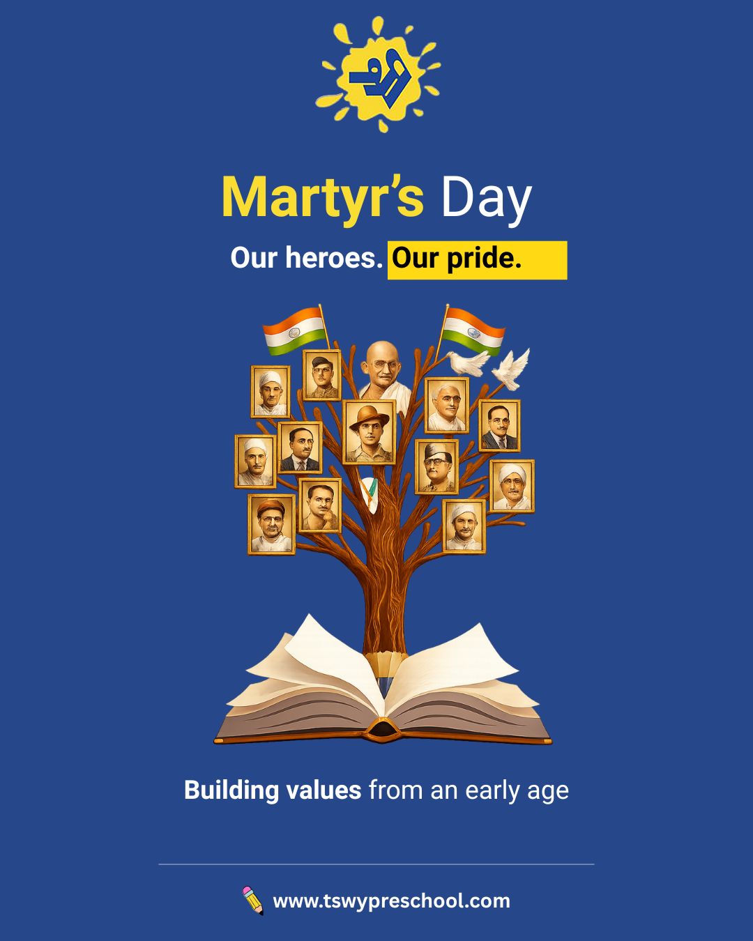 Today, we remember the heroes who shaped our nation with courage, sacrifice, and truth 🇮🇳
At TSWY Preschool, we believe remembrance is not just about history — it’s about values we pass on every day.By nurturing empathy, respect, and responsibility from an early age,
we help children grow into thoughtful citizens of tomorrow.Our heroes. Our pride. Always remembered.#MartyrsDay #ShaheedDiwas #TSWYPreschool #ValueBasedEducation #TeachingValues #EarlyYearsEducation #LearningWithPurpose #BuildingBetterCitizens #IndiaRemembers #EducationWithValues #preschoolindia #tswy