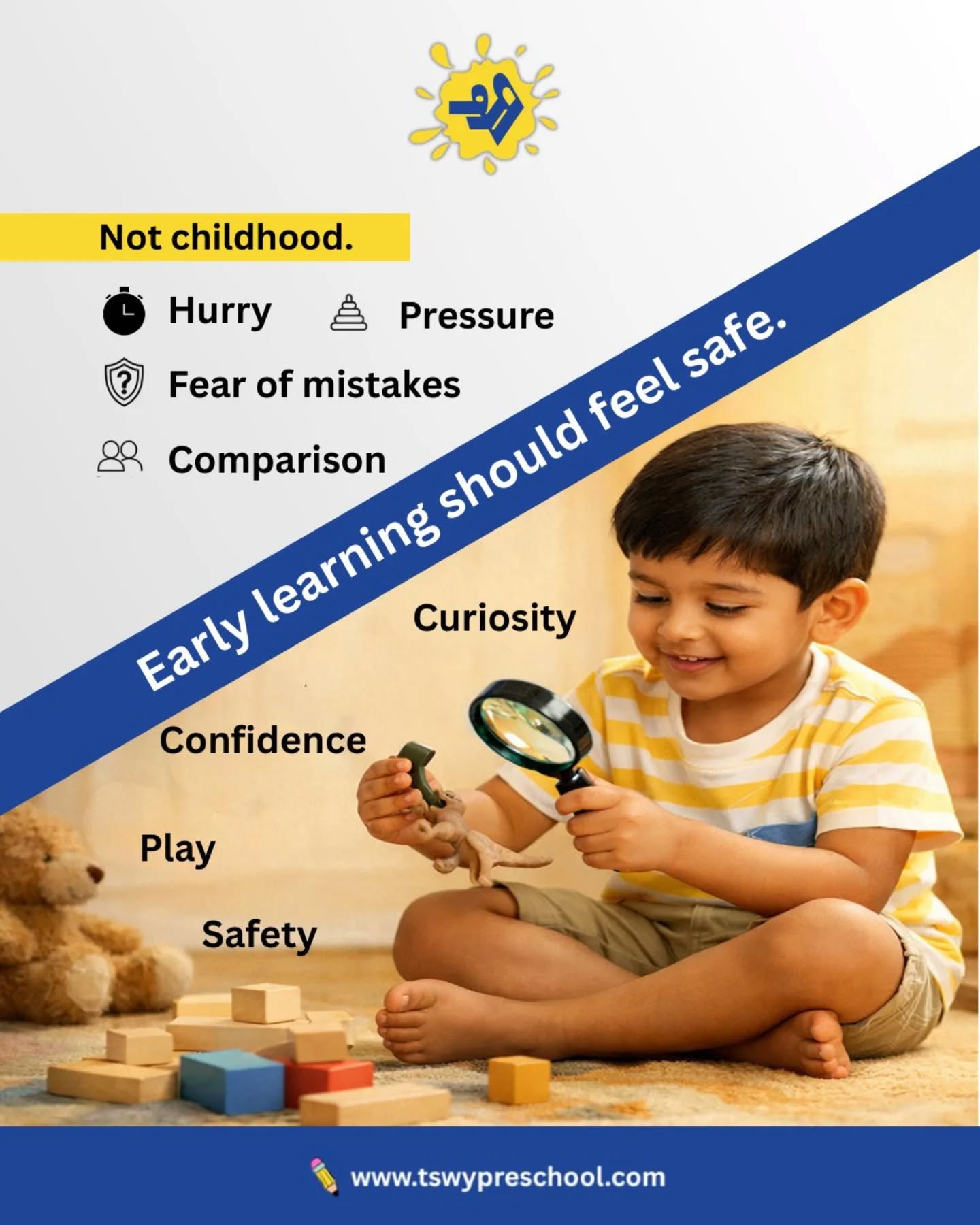 Early learning is not about hurry, pressure, fear, or comparison.
It’s about curiosity, confidence, play, and feeling safe. 🌱
When children feel secure, learning becomes joyful and natural.
That’s how strong foundations are built — one happy discovery at a time.#EarlyLearning #PreschoolEducation #SafeLearningEnvironment #ChildhoodMatters #PlayBasedLearning #LearningThroughPlay #ConfidentKids #CuriousMinds #HappyChildhood #PreschoolLife #FoundationYears #ParentingTips #EarlyChildhoodEducation #TSWYPreschool