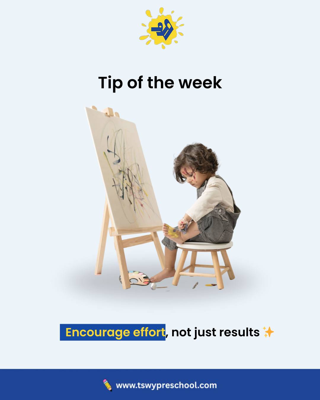 Tip of the Week 💛When we praise only outcomes, children learn to chase perfection.
When we appreciate effort, they learn resilience, confidence, and courage.Instead of saying, “That’s beautiful!”
Try saying, “I love how focused you were,” or “You worked so hard on this.” ✨At TSWY Preschool, we nurture growth mindsets — because effort builds lifelong learners.#TSWYPreschool #TipOfTheWeek #GrowthMindset #EncourageEffort #EarlyChildhoodEducation #PositiveParenting #PlayBasedLearning #ConfidentKids #HolisticDevelopment #ParentingTips #PreschoolLife #WonderImagineDiscover