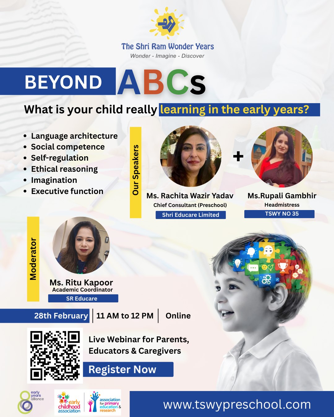 Beyond ABCs lies the foundation of a child’s future. 🌱
Join our expert-led webinar and discover what truly shapes learning in the early years — from language and imagination to emotional and social growth.📅 28th February
🕚 11 AM – 12 PM
💻 OnlineRegister now and empower your parenting journey.#EarlyYearsLearning #BeyondABCs #ParentingJourney #PreschoolEducation #ChildDevelopment #TSWYPreschool