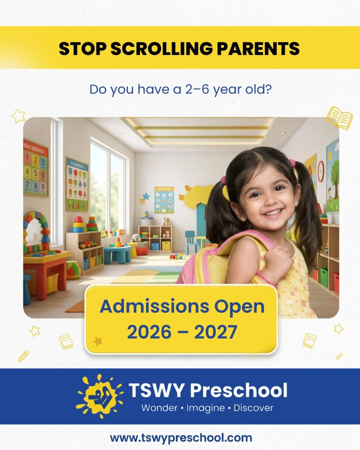 Stop scrolling… this might shape your child’s future.
If your little one is between 2–6 years, this is the age where
curiosity turns into confidence… and play becomes learning.
At TSWY Preschool, we don’t just teach—
we nurture thinkers, explorers, and happy learners. 🌈
Admissions for 2026–27 are now open.
Give your child the right start today.
📞 Limited seats | Early admissions recommended#TSWYPreschool #AdmissionsOpen #PreschoolAdmissions #EarlyChildhoodEducation #ParentingIndia KidsLearning PlayBasedLearning PreschoolNearMe ChildDevelopment FutureReadyKids SmartLearning HappyKids SchoolAdmissions2026 PreschoolLife LearningThroughPlay ParentingTips EducationMatters IndiaPreschool