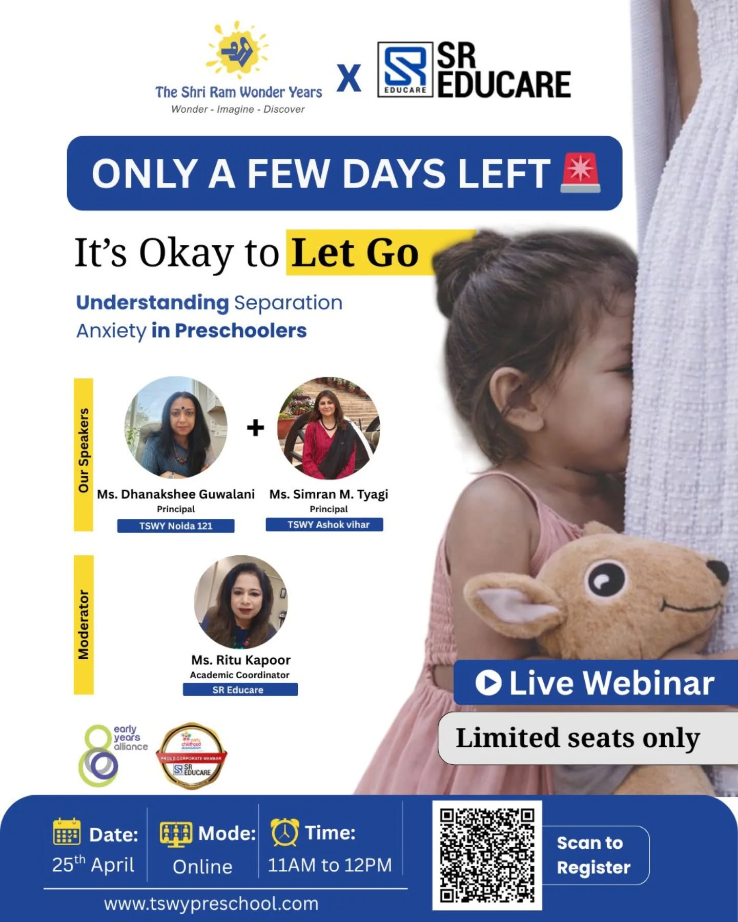 Only a few days left! 🚨Saying goodbye at the school gate isn’t always easy—for children or parents. Join our Live Webinar on Separation Anxiety in Preschoolers and learn practical, reassuring ways to make transitions smoother and stress-free.Hear insights from experienced school leaders and understand how small steps can build big confidence in your child’s early learning journey. 🌱📅 25th April
⏰ 11 AM – 12 PM
💻 Online Session
🎟️ Limited seats availableRegister now and support your child’s confident start to school life.#PreschoolParents #SeparationAnxiety #EarlyChildhoodEducation #ParentingSupport #TSWY SchoolReadiness EarlyYearsMatter