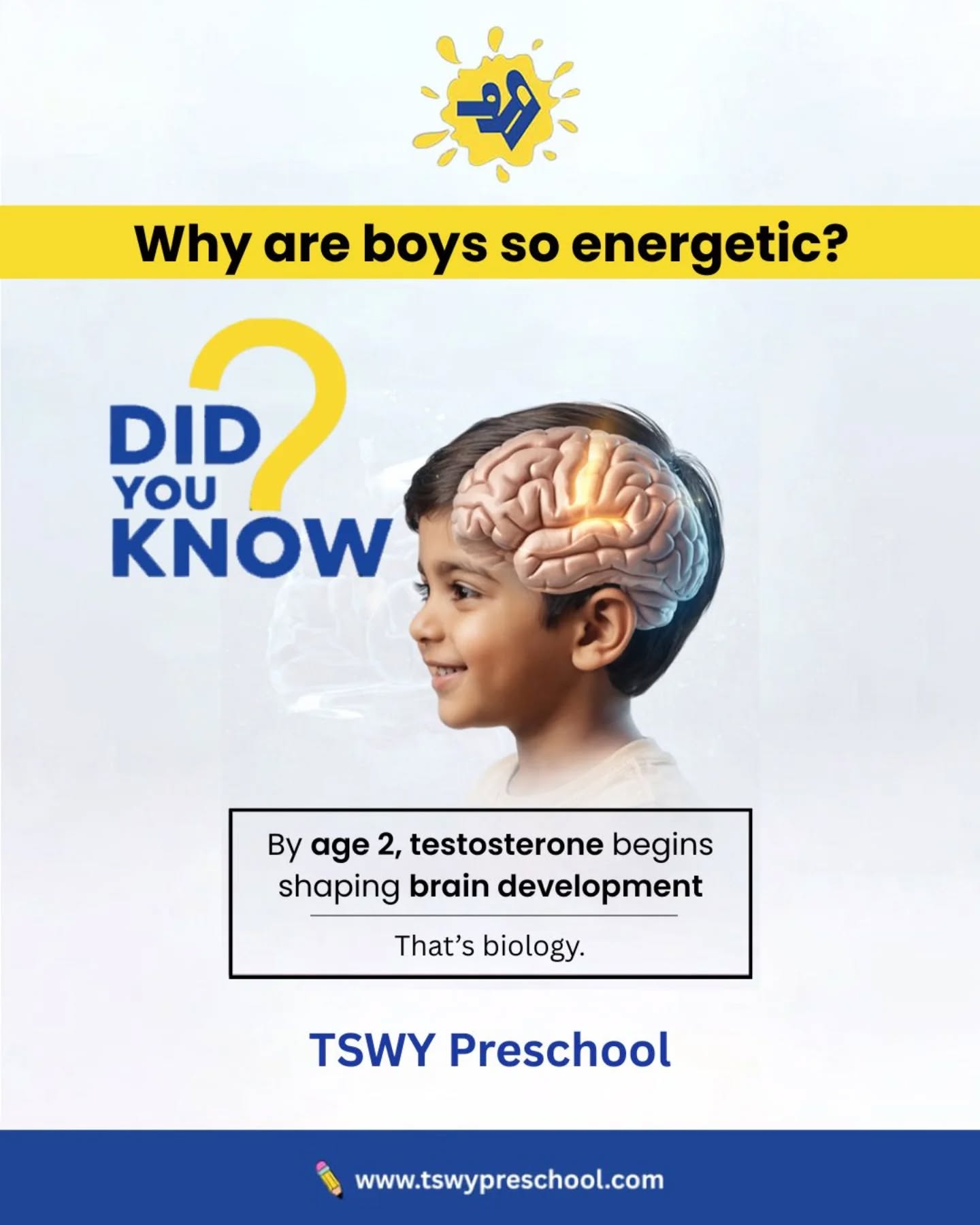 Ever wondered why some children seem extra energetic? 🤔
It’s not just behavior—it’s biology at work.
Early brain development is influenced by hormones, shaping how children move, play, and express themselves.
At TSWY Preschool, we don’t suppress energy—
✨ we channel it into learning, creativity, and confidence.
Because every child doesn’t need control…
they need the right direction 💛#PreschoolLearning #EarlyChildhoodDevelopment #BrainDevelopment #ChildPsychology #ParentingTipsIndia PreschoolIndia KidsLearning ChildGrowth PlayBasedLearning TSWYPreschool SmartParenting KidsDevelopment EarlyLearningMatters ParentingHacks ChildBehavior HolisticDevelopment MontessoriInspired PreschoolActivities LearningThroughPlay RaisingConfidentKids