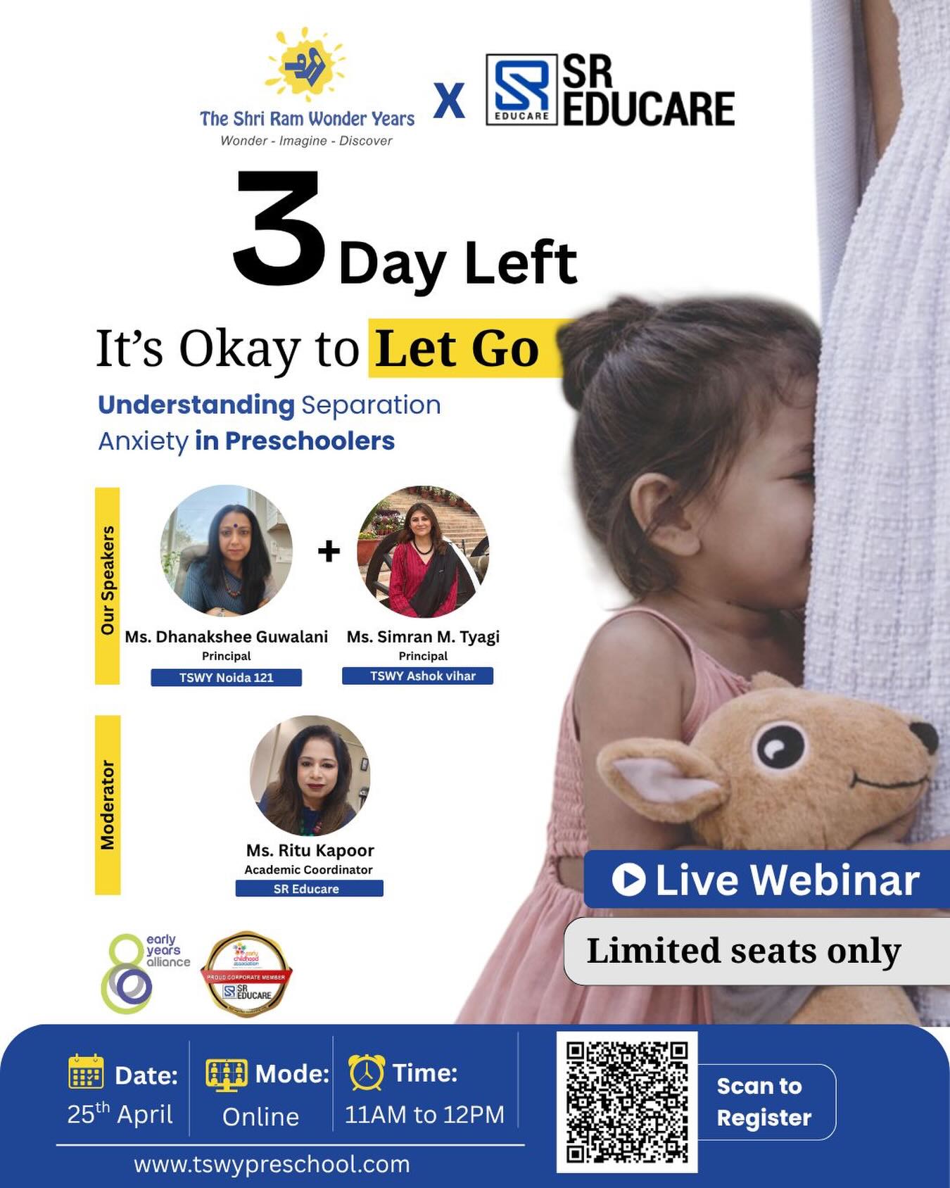 3 days left! 🚨Saying goodbye at the school gate isn’t always easy—for children or parents. Join our Live Webinar on Separation Anxiety in Preschoolers and learn practical, reassuring ways to make transitions smoother and stress-free.Hear insights from experienced school leaders and understand how small steps can build big confidence in your child’s early learning journey. 🌱📅 25th April
⏰ 11 AM – 12 PM
💻 Online Session
🎟️ Limited seats availableRegister now and support your child’s confident start to school life.#PreschoolParents #SeparationAnxiety #EarlyChildhoodEducation #ParentingSupport #TSWY