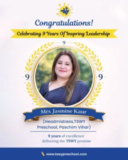 Celebrating 9 years of inspiring leadership! 🌟Heartiest congratulations to Mrs. Jasmine Kaur for 9 wonderful years of dedication and excellence at TSWY Preschool, Paschim Vihar. Your journey continues to inspire young minds every day. 💙#Excellence #TSWYPreschool #InspiringLeadership #EarlyEducation #TSWYPromise