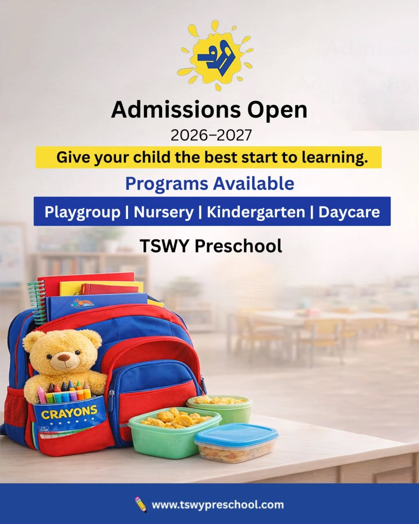 Admissions for 2026–2027 are now open at TSWY Preschool! 🎒
Give your child the best start with a nurturing environment that builds curiosity, confidence, and creativity.
From Playgroup to Kindergarten and Daycare, we focus on strong foundations for lifelong learning. 🌱
📌 Limited seats available
📲 Enroll now and secure your child’s bright future.#PreschoolAdmissions #AdmissionsOpen #TSWYPreschool #EarlyLearning #Playgroup NurseryAdmission Kindergarten Daycare BestPreschool KidsEducation EarlyChildhoodEducation LearningThroughPlay ParentingTips SchoolAdmissions2026 PreschoolLife ChildDevelopment HolisticLearning FutureReady EducationFirst PreschoolNearMe