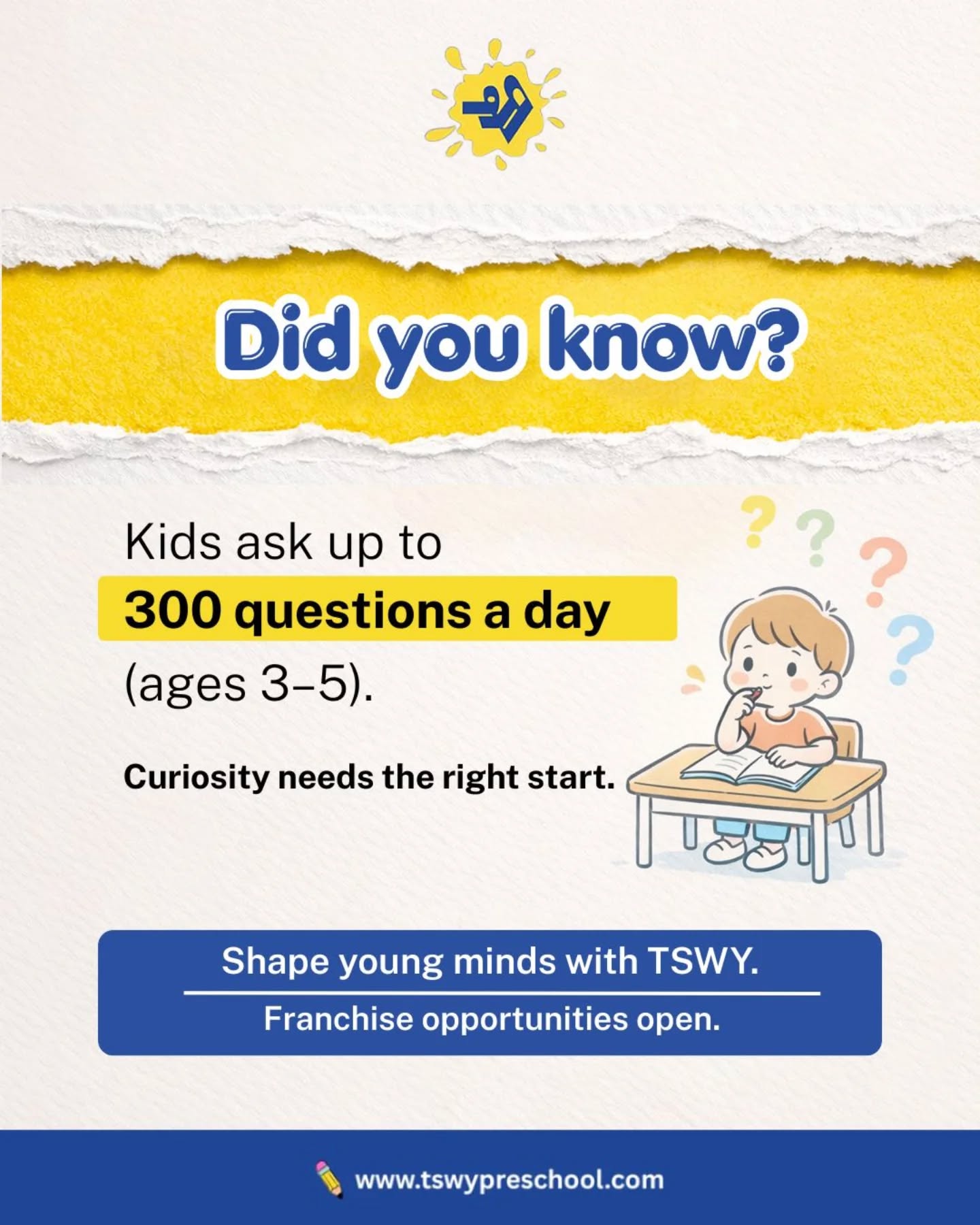 Curiosity isn’t a phase — it’s the foundation of learning.
Did you know children between ages 3–5 can ask up to 300 questions a day?The real question is… are we nurturing that curiosity the right way?At TSWY Preschool, we don’t just answer questions —
we build thinkers, explorers, and confident learners.✨ Because the right start shapes everything that follows.📩 Looking to build a meaningful preschool business?
Franchise opportunities now open.#PreschoolLearning #EarlyChildhoodEducation #CuriousKids #TSWYPreschool #LearningThroughPlay PreschoolIndia ParentingTips SmartParenting ChildDevelopment BrainDevelopment MontessoriInspired PlayBasedLearning TSWYPreschool FranchiseOpportunity EducationFranchise StartYourOwnPreschool EntrepreneurIndia SchoolFranchise FutureOfEducation KidsEducation GrowingMinds HolisticLearning PreschoolActivities EducationBusiness ParentingCommunity