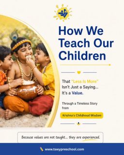 How do we teach children that less is more?A small story from Krishna’s childhood gives us a beautiful answer.As a child, Krishna loved butter.
But what made those moments magical wasn’t the butter itself…
It was the laughter, the mischief, and the joy of sharing it with his friends.Today, children often believe happiness lies in more — more toys, more treats, more things.
But true joy doesn’t come from having more…
It comes from sharing, gratitude, and simple moments.Sometimes, the most powerful lesson we can give our children is this:
✨ Less wanting, more appreciating.Because that’s where real happiness begins.💛 Follow for more thoughtful parenting insights by TSWY#ParentingTips #MindfulParenting #EarlyChildhoodEducation #PreschoolLearning #ChildDevelopment PositiveParenting GratitudeForKids LifeLessonsForKids TSWY PlayBasedLearning EmotionalDevelopment ConsciousParenting LessIsMore IndianParenting KrishnaStories