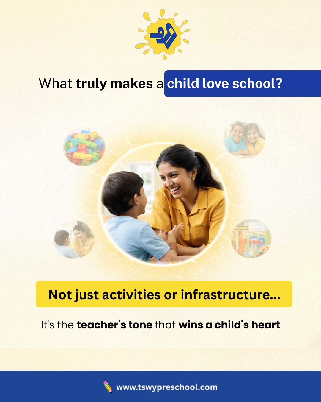 You think it’s the fancy classrooms… 👀
or the endless activities… 🎨Nope.It’s actually something much simpler (and more powerful):
👉 The teacher’s tone.That one warm “Good morning!” ☀️
That one patient explanation…
That one smile that says “You’re safe here.” 💛And suddenly—
school isn’t scary anymore…
it’s a place they want to come back to.Because children don’t remember buildings…
they remember how someone made them feel. ✨At TSWY Preschool,
we don’t just teach…
we connect before we correct.#TSWYPreschool #TSWY #TSWYIndia #PreschoolLearning #EarlyChildhoodEducation
#ChildDevelopment #PositiveParenting #PlayBasedLearning #EmotionalDevelopment #TeacherImpact
#SchoolLife #HappyKids #SafeLearning #MindfulParenting #PreschoolIndia