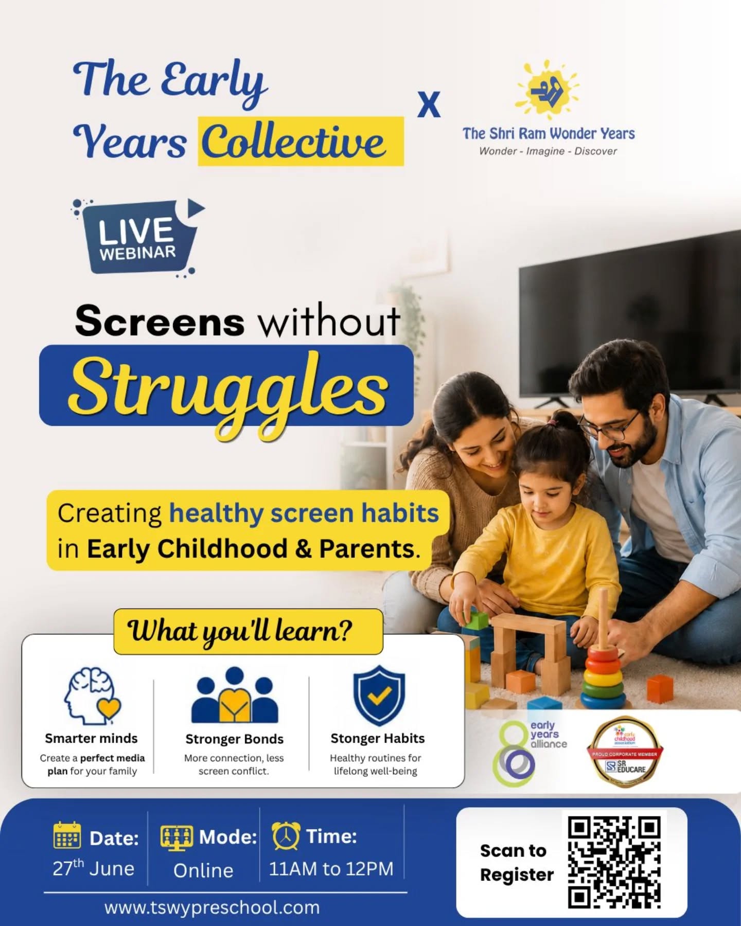 📱✨ Screens Without Struggles! 👨‍👩‍👧In today’s digital world, screens are everywhere—but healthy habits can make all the difference. Join our LIVE webinar and discover practical ways to create a balanced screen environment for your child while strengthening family connections.🧠 Build smarter screen habits
❤️ Foster stronger family bonds
🛡️ Create routines that support lifelong well-being📅 27th June
💻 Online Webinar
⏰ 11:00 AM – 12:00 PMRegister now and take the first step toward mindful screen use for your family!#ScreensWithoutStruggles #EarlyChildhoodEducation #PositiveParenting #ScreenTimeManagement #DigitalWellbeing