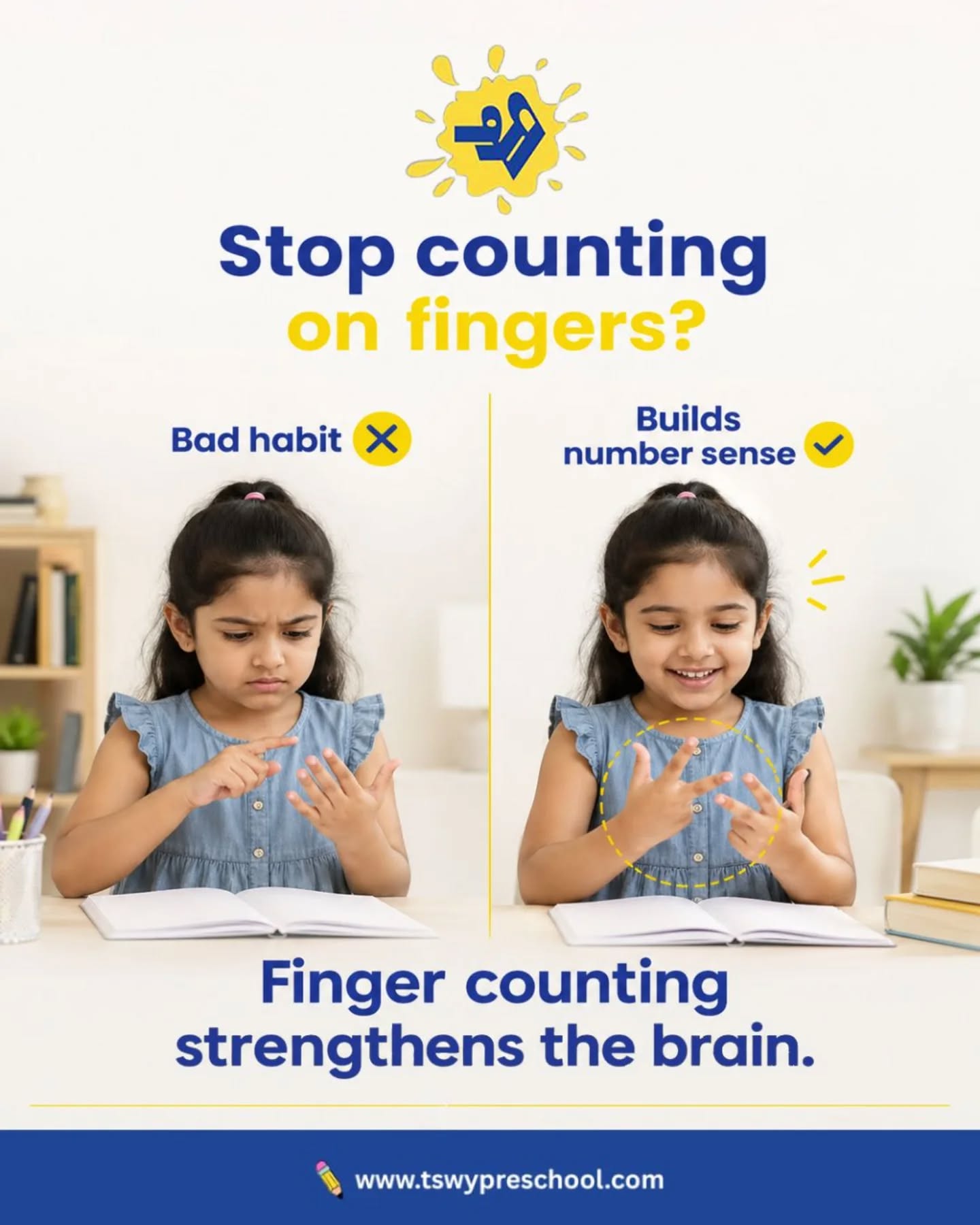 🧠✨ Should children count on their fingers while learning math?Absolutely!Many parents worry that finger counting is a "bad habit," but research suggests otherwise. Finger counting helps children develop number sense, understand quantity, build confidence, and create a strong foundation for future mathematical thinking.Before children can solve complex problems, they need to visualize numbers—and their fingers are often the first learning tool they have!So the next time you see your child counting on their fingers, remember: they're not struggling—they're learning. 💛At TSWY Preschool, we encourage age-appropriate learning methods that make concepts meaningful, enjoyable, and developmentally appropriate.📚 Small habits today build strong learners tomorrow.#EarlyLearning #PreschoolEducation #MathSkills #NumberSense #TSWYPreschool