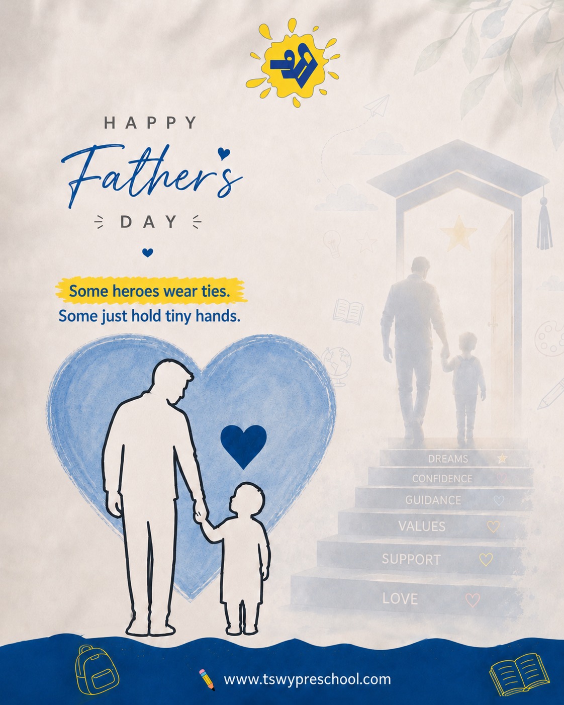 Before a child learns from the world, they learn from their father.A father's hand may seem small in the moment, but it leaves footprints that last a lifetime. Through love, guidance, encouragement, and quiet sacrifices, fathers help children climb the steps of confidence, values, and dreams.At TSWY Preschool, we celebrate the dads who show up, cheer the loudest, teach life's biggest lessons, and make every child feel safe enough to dream.💛 Some heroes wear ties. Some just hold tiny hands.Happy Father's Day to all the fathers who turn ordinary moments into lifelong memories.
#FathersDay #ParentingJourney #EarlyChildhoodEducation #ChildDevelopment
#tswypreschool