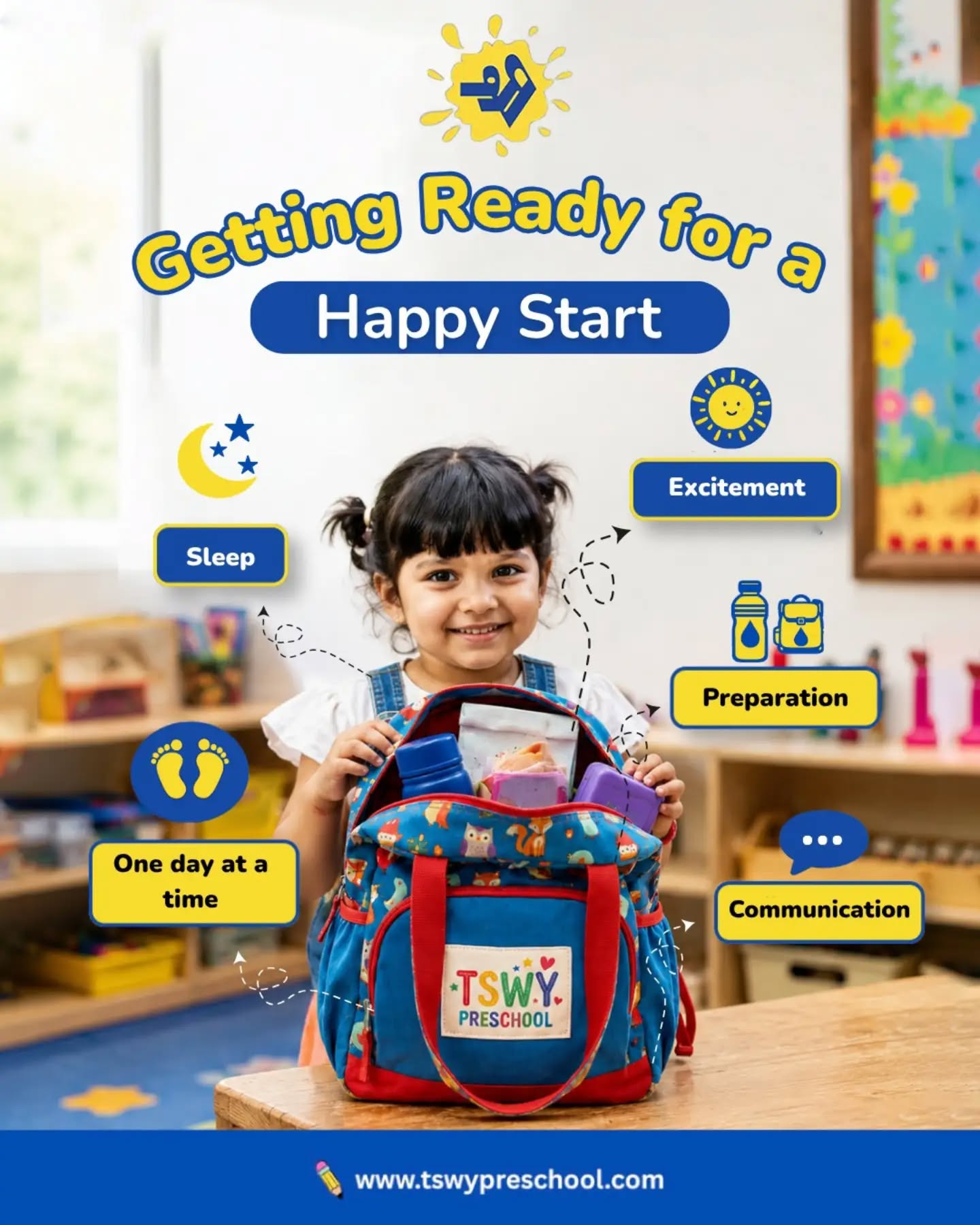 🎒✨ Getting ready for a happy start!A smooth school routine begins before the school bell rings. Adequate sleep, proper preparation, positive communication, and a little excitement can make every preschool day joyful and stress-free.At TSWY Preschool, we believe that small daily habits build confident, happy, and independent learners. 🌟👣 One day at a time, one step at a time, and one smile at a time.📞 Admissions Open! Give your child the best start to their learning journey.#TSWYPreschool #HappyStart #PreschoolLife #SchoolReadiness #EarlyLearning PreschoolEducation ConfidentKids