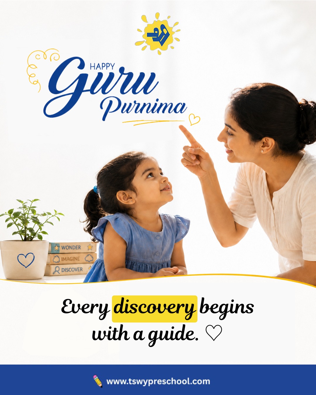 🌸✨ A Guru Lights the Path to Lifelong Learning ✨🌸On the sacred occasion of Guru Purnima, we express our heartfelt gratitude to every teacher who inspires curiosity, builds confidence, and nurtures young minds with patience and love.At TSWY Preschool, our educators do more than teach—they encourage every child to wonder, imagine, discover, and grow into compassionate, confident learners. Every question answered, every milestone celebrated, and every little success begins with a caring guide.Here's to the mentors who shape not just minds, but hearts and futures.Happy Guru Purnima! 🙏💛#HappyGuruPurnima #TSWYPreschool #ThankYouTeachers #GuidingYoungMinds