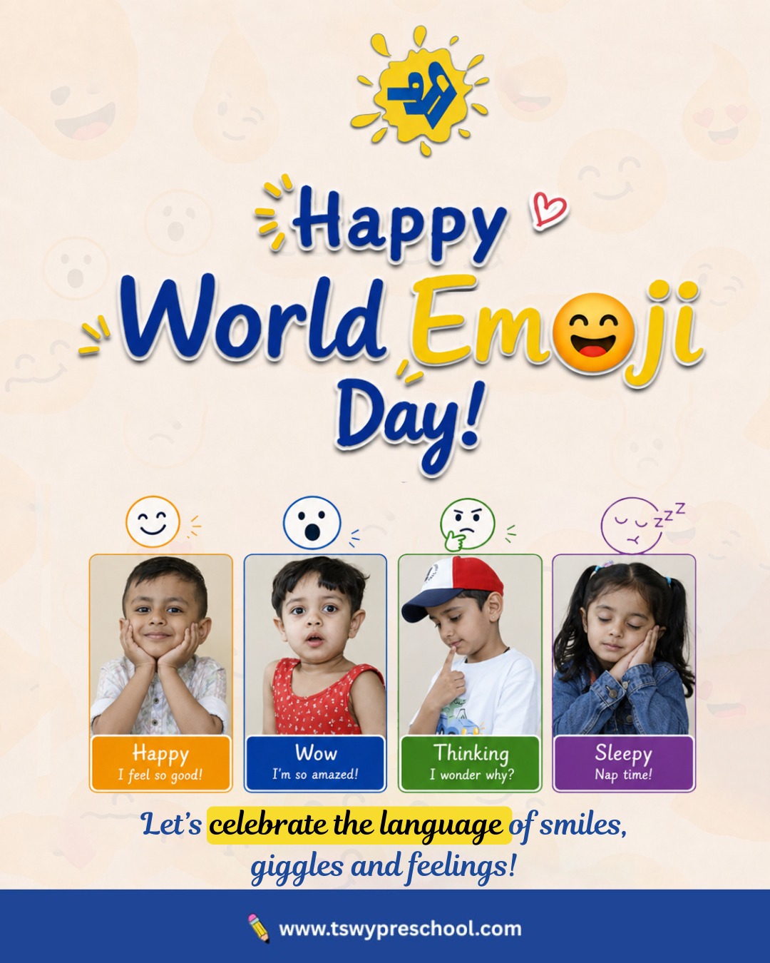 😊💛 Every smile tells a story, and every emoji helps little hearts express big feelings! 🌍💬This World Emoji Day, let's celebrate emotions, imagination, and communication in the most fun way possible. At TSWY Preschool, children learn to recognize, express, and understand their feelings through joyful play, meaningful conversations, and engaging activities.Because every happy face, curious look, thoughtful pause, and peaceful nap is a part of growing up beautifully. 💙✨#HappyWorldEmojiDay #TSWYPreschool #EarlyChildhoodEducation #PreschoolLearning #EmotionalDevelopment