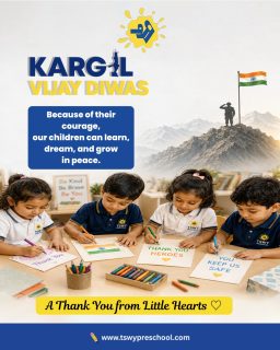 Honouring the Courage That Protects Our TomorrowOn Kargil Vijay Diwas, we salute the extraordinary bravery, sacrifice, and unwavering spirit of the heroes who safeguarded our nation.At TSWY Preschool, we believe every child grows stronger by learning the values of courage, gratitude, kindness, and respect. Today, our little learners express a heartfelt "Thank You" to the brave soldiers whose sacrifices allow them to learn, dream, and flourish in peace.Jai Hind! ❤️🤍💚#KargilVijayDiwas #RememberTheHeroes #TSWYPreschool #SaluteOurSoldiers
