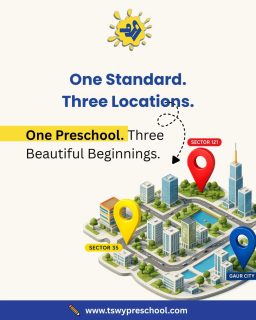 One trusted preschool. Three convenient locations. One exceptional learning experience.At TSWY Preschool, every campus follows the same high standards of early childhood education, ensuring your child receives a safe, nurturing, and engaging environment—no matter which location you choose.📍 Sector 35 – Where curiosity takes flight.
📍 Sector 121 – Every day brings a new discovery.
📍 Gaur City – Learning through play, every single day.From play-based learning and experienced educators to safe classrooms and holistic child development, every TSWY campus is designed to help children build confidence, creativity, and a lifelong love for learning.Choose the campus closest to you and give your child the best start to their educational journey.#TSWYPreschool #BestPreschool #EarlyChildhoodEducation #PreschoolNearMe #PlaySchool