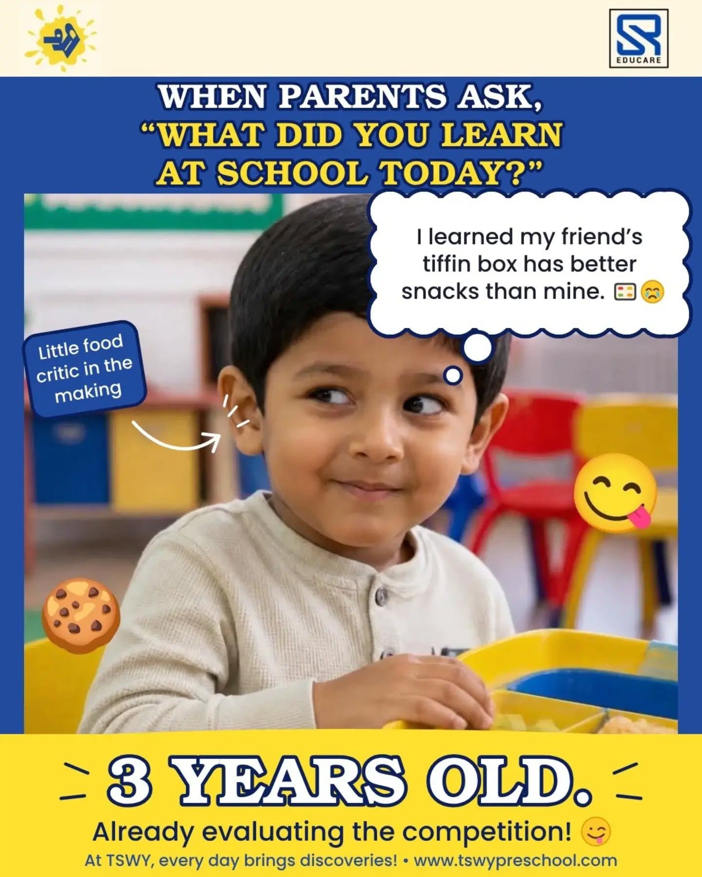 😂 Three years old and already has opinions on everyone’s lunch! 🍱🤣At TSWY, even the tiniest everyday moments become big little discoveries. From making friends to sharing stories (and judging tiffins 😜), every day brings something new!💛 Wonder. Imagine. Discover.Looking for a preschool where your little one can learn, play, and grow with confidence? Come discover TSWY!🌐 www.tswypreschool.com#TSWYPreschool #PreschoolLife #ParentingHumour #EarlyLearning #PreschoolAdmissions